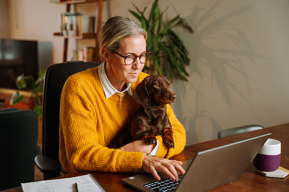 Woman with dachshund looking at laptop
